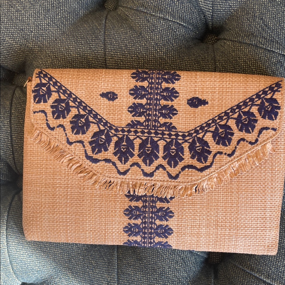 Stella & Dot Blue and Tan Patterned Clutch